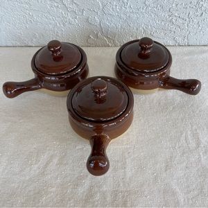 Set of 3 Vintage Handled Soup or Bean Crocks with Lids - 7” Wide x 4.5” Tall